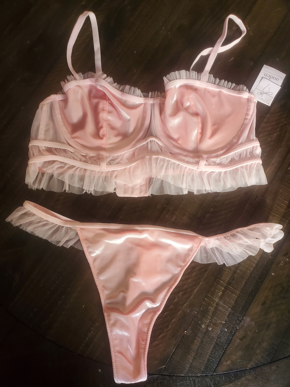 Auden Pale Pink Satin Ruffle Bra & Thong Set - Soft Shine